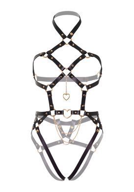 Портупея-тедди из экокожи Leg Avenue Heart ring harness teddy M, Black, подвеска-сердечко, цепи