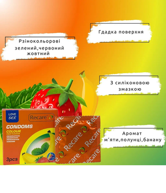 Презервативи Recare Color Fruit Flavour Condoms 3 шт, аромати: м'ята, банан, полуниця